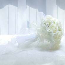 Bridal Bouquet Artificial Fake Artificial Roses Flower For Bridesmaid Ceremony Wedding Party Decoration - White - View 5