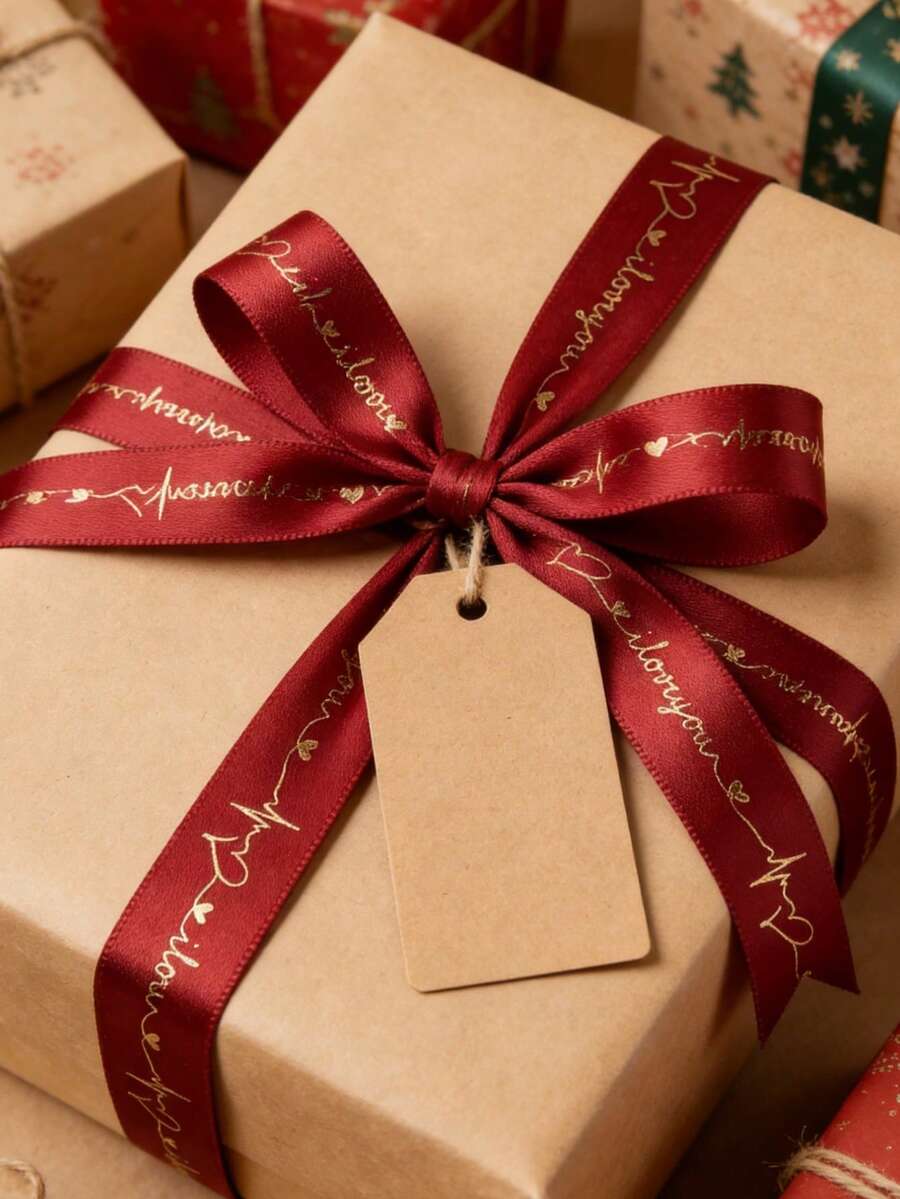 1PC Wine Red Gold Foil Print Polyester Satin Ribbon (2cm X 20m) - Decorative Glitter Taffeta Ribbon For Gift Wrapping, Bow Making, Wedding Decor, Party, Holiday, Crafting, Floral Bouquet, DIY Projects, Hair Accessories, Decoration For Bridal, Birthday, Christmas, Valentines, Event Planners, Crafters, Small Business - 紅色 - 查看 1