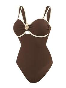 1 pieza Traje de baño de una sola pieza para mujer con patrón acanalado, tirantes gruesos, decoración de conchas, diseño hueco y fruncido, traje de baño de vacaciones de moda casual para la - Marrón - Ver 3