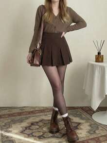 Chân váy xếp ly cạp cao cho nữ, chân váy chữ A đa năng, chân váy ngắn màu trơn phong cách Y2K mùa xuân - màu nâu - Xem 6