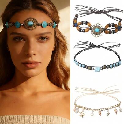 1pc Bohemian Style Beaded Braided Headband/Waist Belt, Versatile Fashion Hair Accessory & Dress Belt