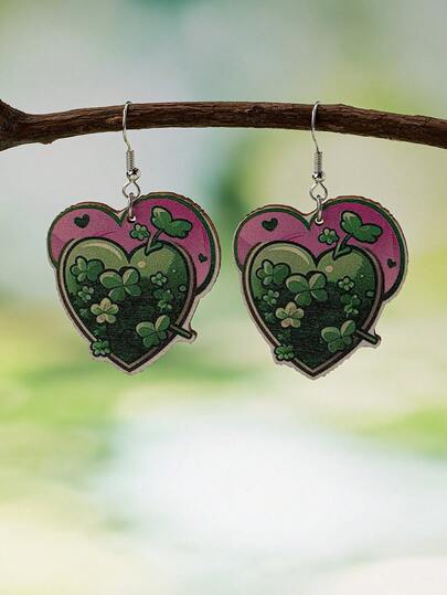 1 Pair Wooden Heart Green Lucky Shamrock Clover St. Patrick's Day Earrings For Women