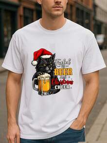 T-shirt à manches courtes pour hommes, style de Noël avec chat noir et bénédiction de la bière. T-shirt d'été, style modeste, col rond ample, T-shirt premium pur pour hommes - Noir - Voir 8