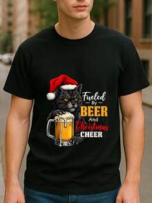 T-shirt à manches courtes pour hommes, style de Noël avec chat noir et bénédiction de la bière. T-shirt d'été, style modeste, col rond ample, T-shirt premium pur pour hommes - Noir - Voir 12