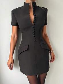 Vestido blazer elegante, casual de negócios, com cintura marcada, adequado para uso diário, escritório e deslocamentos. Preto, ideal para o verão. - Preto - Ver 9