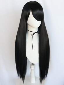 奢华亮泽直发侧刘海长假发，【不含发夹】黑色橙色高温丝女士假发，柔软逼真，易于梳理，日常及角色扮演皆宜，时尚优雅的Y2K风格 - 彩色 - 查看 12