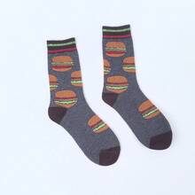 1双汉堡图案中筒袜，穿搭必备单品 - 灰色 - 查看 5