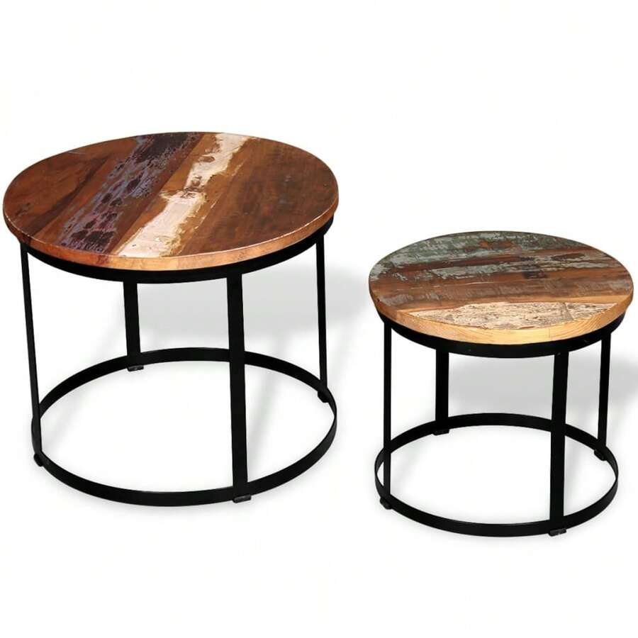 vidaXL 2-Teiliges Couchtisch-Set Aus Recyceltem Holz, Massiv, Rund, 40cm/50cm - Gelb - Übersicht 1