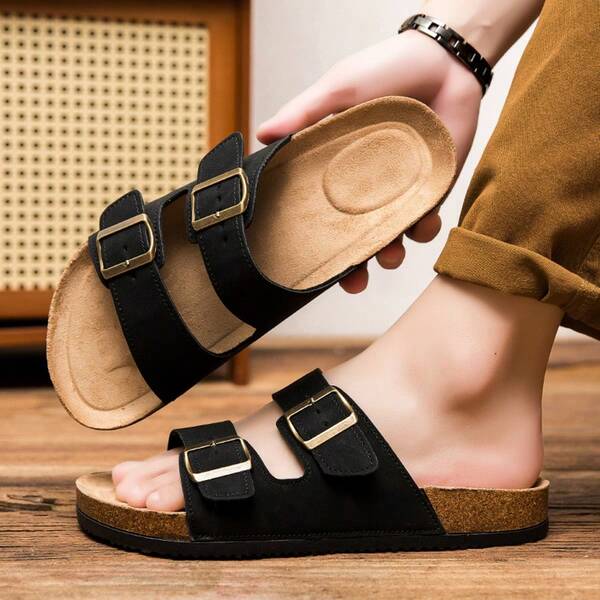 Men's Soft Cork Latex Sandals With Dual Straps, Metal Copper Buckle Decor, Comfortable Shock-Absorbing, Lightweight Anti-Slip, Essential For Bathroom, Beach, Pool, Indoor & Outdoor Wear
