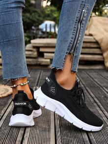 Scarpe da donna in maglia traspirante, scarpe da corsa sportive confortevoli, sneaker da running leggere e alla moda con suola morbida - nero - Visualizzare 8