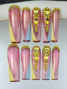 CrystalHola Valentine's Day : 10 Handmade Press-On Nail Stickers, French Square Long Nails, Pink Pearlescent Finish With Yellow Rhinestones, Full Coverage, Removable And Reusable, Long-Lasting And Durable, Unique Summer Nail Art, A Stylish Necklace Essential For Parties And Weddings. Nail Supplies - Multicolor - View 12