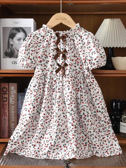 bearleader 3-7 Years Old Girls Casual Ditsy Floral Short Sleeve Cute Bow Summer Dress, Suitable For Young GirlOutdoor Play
