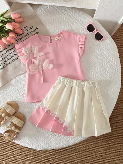 bearleader 2pcs/Set Girls Mesh Flower Sleeveless Top And Floral Lace Patchwork Pleated Skirt, Suitable For 3-7 Years Old Children