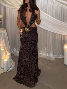 Women Sexy Leopard Print Maxi Dress Deep V Neck Side Slit Elegant Party Vacation Long Dress - 棕色 - 查看 4