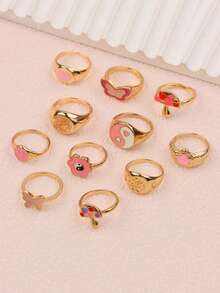 11 piezas Anillos de Rhinestone rosa delicados y lindos, adecuados como regalos de fiesta de cumpleaños para niñas y niños, accesorio de moda para uso diario - 11 anillos para el meñique con diamantes de imitación rosas y dorados - Ver 7