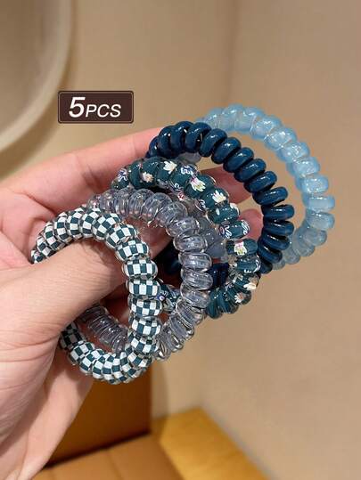 5pcs Women's Elastic Simple Telephone Cord Scrunchies, Floral Plaid Print, Seamless, Suitable For Daily Commute, Parties, Holidays, Birthdays And Various Social Occasions