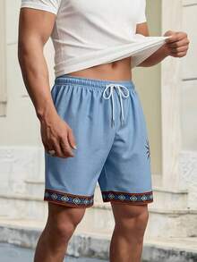Men's Waffle Geometric Pattern Elastic Waist Drawstring Beach Shorts - Multicolor - View 4
