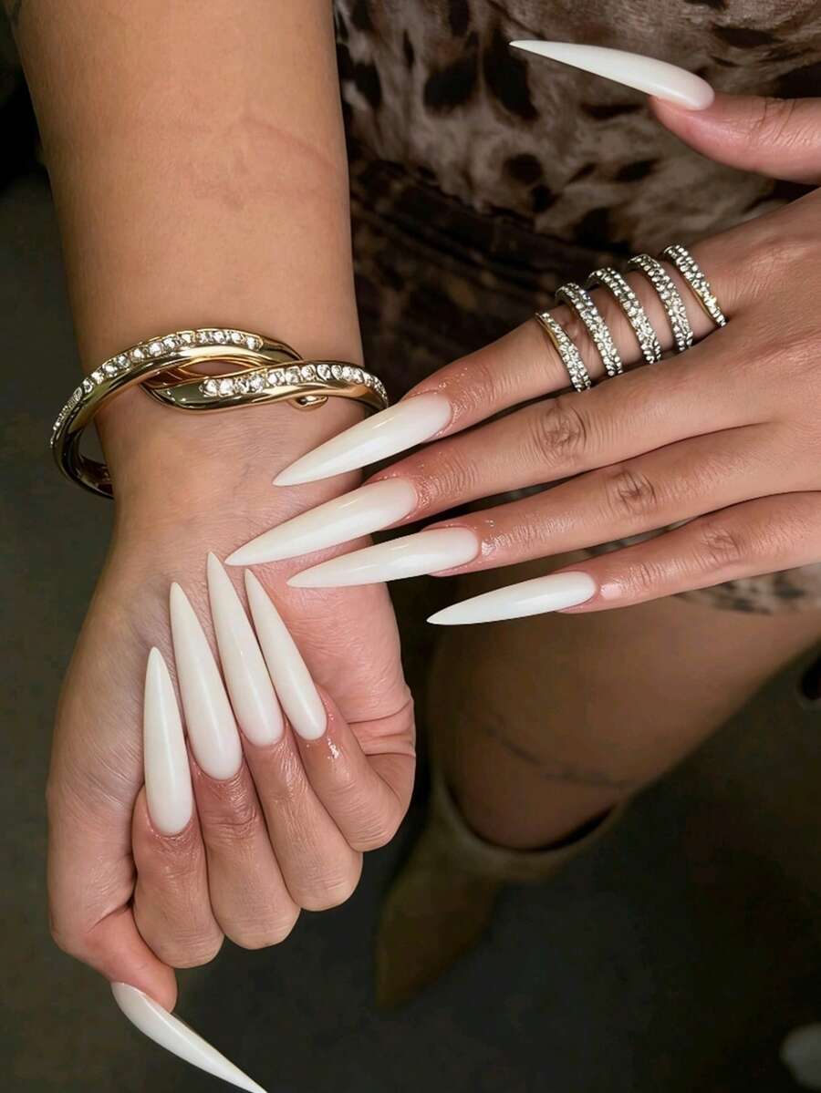 24片长尖白色高档亮面甲片 + 1瓶果冻胶 + 1块指甲抛光块 美甲用品