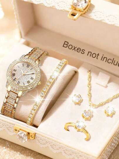 6pcs Luxury & Elegant Women's Quartz Watch & Gold Accessory Set (Includes Gold-Tone Alloy Quartz Watch, Bracelet, Pendant Necklace, Earrings, Ring)