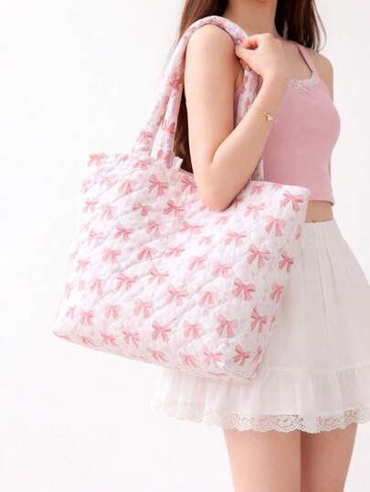 1 Printed Quilted Tote Bag, Lightweight And Soft Shoulder Bag For Girl, With Padded Handles, Large Capacity Reusable Shopping Bag, Cute And Girlish Style, Suitable For Daily Commuting, Shopping, School, Travel, Picnics, And Casual Wear.