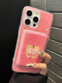 1pc Pink Magnetic Cartoon Cute Phone Case With Bowknot, Apple + Magnetic PU Leather Card Slot TPU Shockproof Protective Cover For IPhone11/12/13/14/15/16/17/PROMAX - Pink - View 3