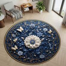 Navy Blue Round Rug With Floral And Butterfly Design, Elegant Botanical Carpet With Gold Accents, Vintage Cottagecore Decor For Living Room - 1PC - Xem 8