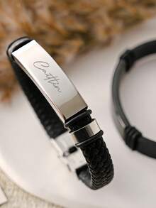 1pc Customized Name Bracelet, Personalized Leather Bend Plate Bracelet, Customized Engraved Name Bracelet, DIY Name Bracelet, Engraved Name/Date/Symbol Customized Jewelry, Unisex Customized Valentine's Day Name Bracelet - Leather Engraved Bracelet - View 7