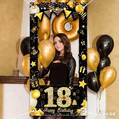 1 pieza Pancarta decorativa de photocall de cumpleaños en negro y dorado con texto "Feliz Cumpleaños", para celebraciones de 18, 21, 30, 40, 50, 60, 70, 80, 90 años, decoración de marco de fotos de cumpleaños, decoración del hogar