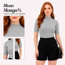 Women's High Neck Ribbed Premium Blouse With 3/4 Sleeves - Basic, Elegant, Comfortable - Classic And Timeless Women's Fashion - Xám - Xem 1