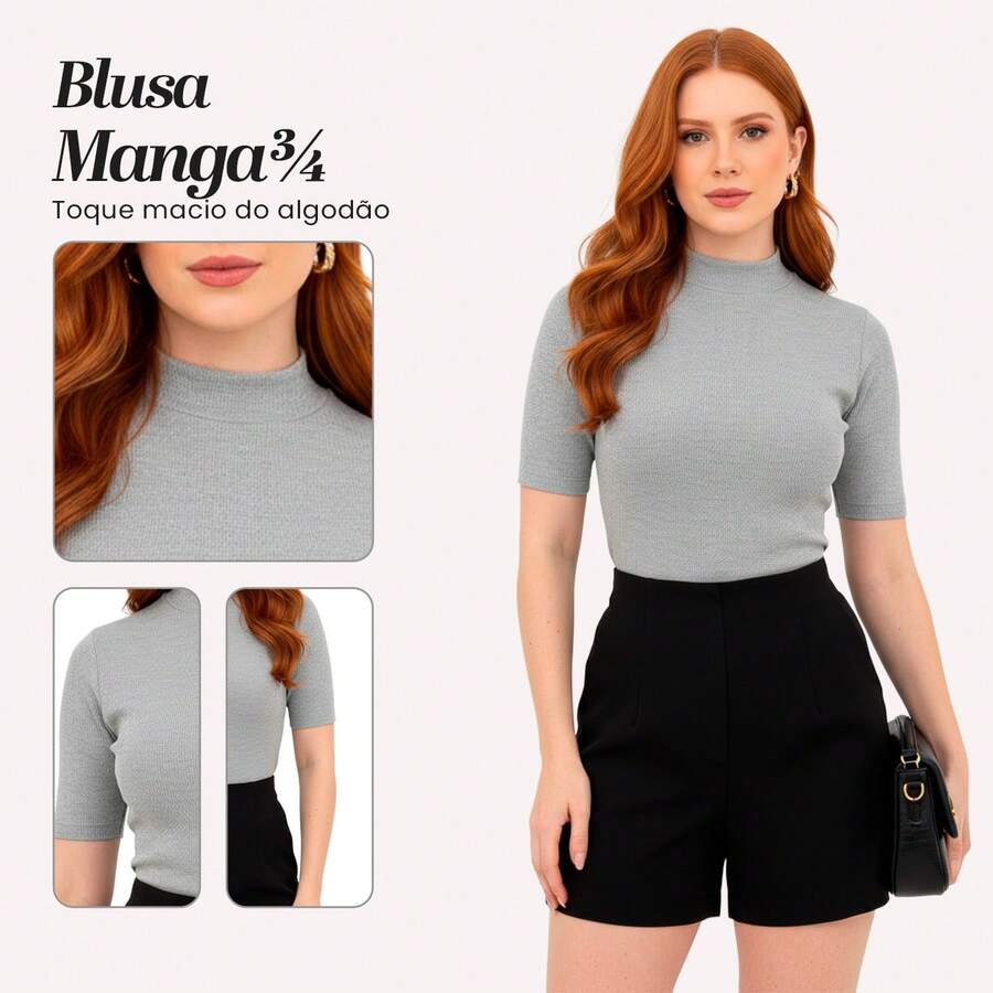 Women's High Neck Ribbed Premium Blouse With 3/4 Sleeves - Basic, Elegant, Comfortable - Classic And Timeless Women's Fashion - Grey - View 1