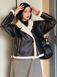 DAZY Women's Contrast Color Faux Shearling Jacket, Autumn/Winter Leather Jacket Women Coats - Black - View 1
