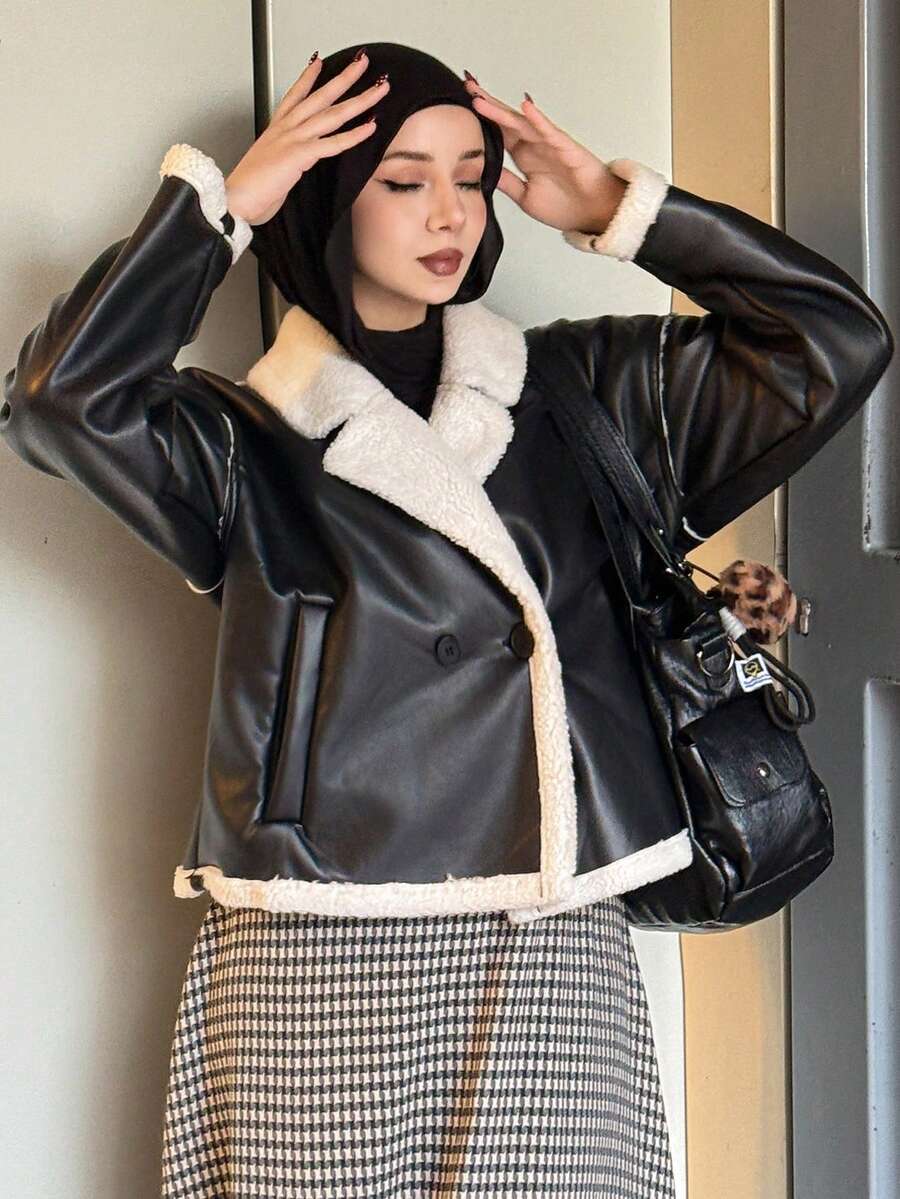 DAZY Women's Contrast Color Faux Shearling Jacket, Autumn/Winter Leather Jacket Women Coats - Black - View 1