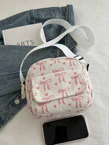 Multi-Pocket Mini Bow Corduroy Portable Commuter Zipper Fashion Casual Versatile Shoulder Bag/Crossbody Bag, Suitable For Women's Daily Use - White - View 3