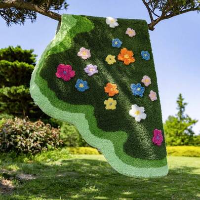 1块1000克加厚防起球花卉图案防滑柔软无异味装饰地毯，可爱花园风格毛绒地垫，适用于卧室、客厅、宠物区