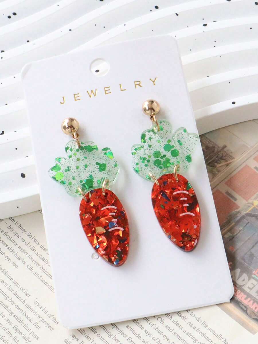 1 Pair Acrylic Cute Carrot Shaped Bling Glitter Earrings, Fun Holiday Party Gift Earrings - Radish - View 1