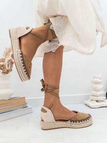 VIKIVIKI SHOES Women's Flat Espadrilles With Ankle Laces, Elegant Y2K Style Summer Sandal, Non-Slip Jute Sole, Breathable And Comfortable Design, Ideal For Holidays, Beach, Daily Walks And Casual Chic Summer Outfits - 卡其色 - 查看 6