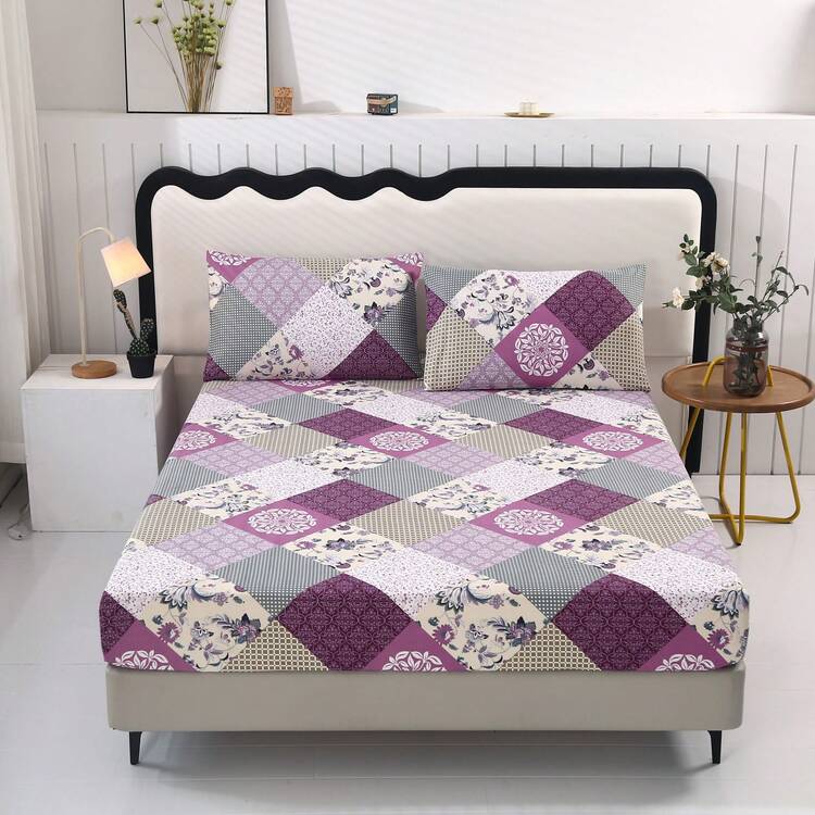 3pcs Printed Brushed Fitted Sheet Set [1pc Fitted Sheet + 2pcs Pillow Cases] Without Duvet. [Pillow Case Color Random]. No Filler. Soft & Comfortable. Suitable For Bedroom, Hotel, Dorm, School, Vacation Rental - Multi-grid-purple - View 11