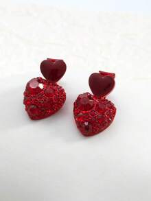 1 Đôi bông tai kẹp hình trái tim đính đá đỏ, kiểu dáng thời trang Hàn Quốc, thanh thoát, quyến rũ với hiệu ứng 3D ngọt ngào. - Một kích thước 3 - Xem 1