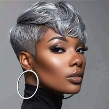 Human Hair Glueless Wig For Women-Grey Pixie Cut Human Hair Wig For Ladies- No Lace Front Wig Wear And Go Wig For Daily And Cosplay - Grey - 查看 4