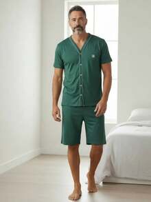 Men's Button-Down Post-Surgical Pajamas, Short Sleeves, Senior Style, High-Quality Knit Fabric - Army Green - View 1