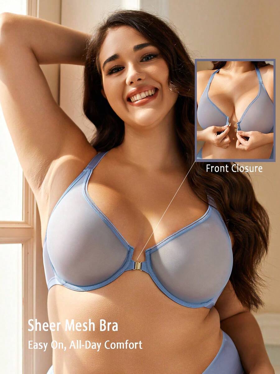 WINGSLOVE Damen Große Größen Tiefer V-Ausschnitt Vorderverschluss Transparenz-BH, Sexy Unterbügel Ungepolstert, Kreuzriemen Rückenfreies Design - Graublau - Übersicht 1