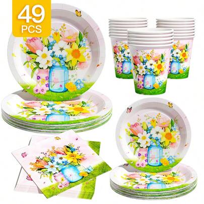 Floral Pattern Paper Plate, Napkin And Cup Set, Serves 8 Guests, Disposable Tableware Suitable For Birthday, Wedding, Party, Family Picnic