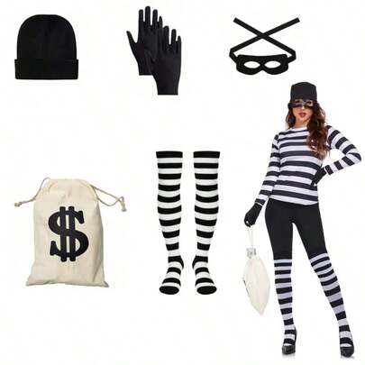 Women's Burglar Costume Set, Including Burglar Hat, Gloves, Eye Mask, Canvas Money Bag, Striped Socks, Canvas Backpack, Suitable For Adult Halloween Cosplay, World Book Day Masquerade Ball And Other Occasions