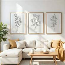 1/3件套无框波西米亚风线条植物花卉帆布海报，波西米亚抽象花卉墙面艺术印刷品，极简主义装饰画，适用于宿舍、客厅、卧室、现代家居装饰 - A - 查看 2