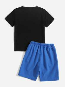 Tween Boys' Casual Fashionable Street Sporty Daily Commute Basketball Player Slogan Print Short Sleeve T-Shirt And Drawstring Waist Shorts Set, Summer - Blue - View 2