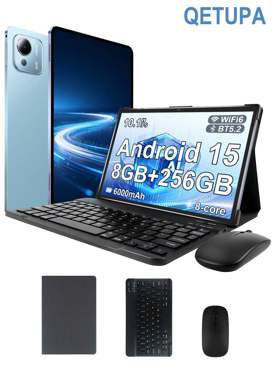 Qetupa 10.1-Inch Android 15 Tablet, Equipped With Protective Case, Keyboard And Mouse, 8GB RAM + 256GB ROM (Expandable Up To 1TB Via MicroSD Card), MTK6771 Octa-Core 2.0GHz Processor, HD (1280x800) IPS Touchscreen, 5MP Front Camera And 13MP Rear Camera - Baby Blue - View 1