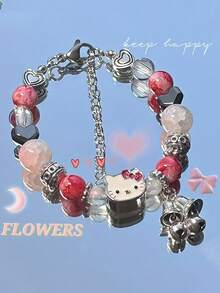 1pc Pink Kitty Beaded Bracelet, Fashionable Dopamine Cat Bell Charm Bracelet, Cartoon Bracelet, Ideal Gift For Best Friend Or Girlfriend, Lucky Charm Bracelet - Multicolor - View 3