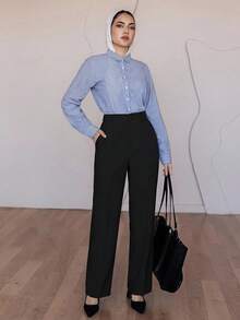 DAZY Calça Casual Reta Slim com Pregas para Mulheres Altas - Preto - Visão 5