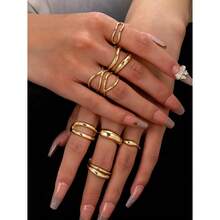 7 Pieces Of European And American Fashion Personality Minimalist Ins Style Alloy Geometric Multi Piece Set Women's Ring Jewelry, Minimalist Cross Ring, Women's Stackable Simple Ring Jewelry - Vàng - Xem 12