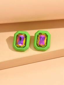 2只长方形水钻耳钉，清新甜美时尚耳钉，可爱少女风，适合日常、通勤和聚会佩戴。 - 長方形帶鑽耳釘 - 查看 15